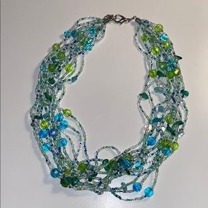 green, white, and blue beaded necklace